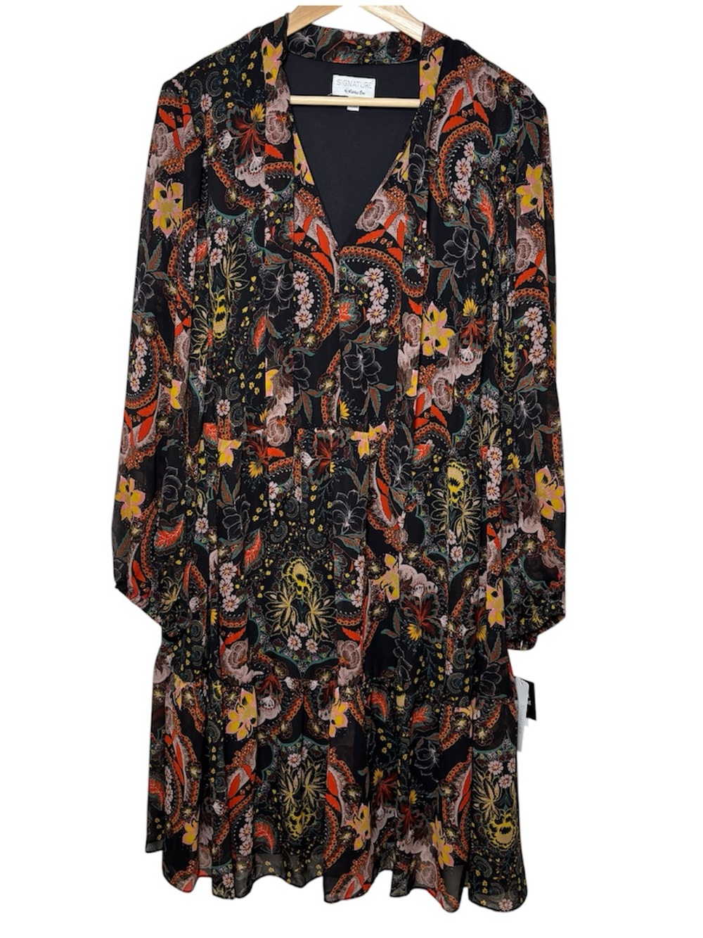 Signature Robbie Bee Midi Dress 2X Black Red Long Sleeve Floral Boho Flowy NEW